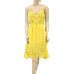 Hotel Crepe Eyelet Embroidered Mini Dress Lace Yellow Sleeveless S New